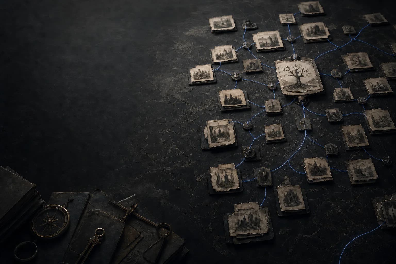 A cinematic story atlas with branching scene cards arranged across a dark cartographer desk