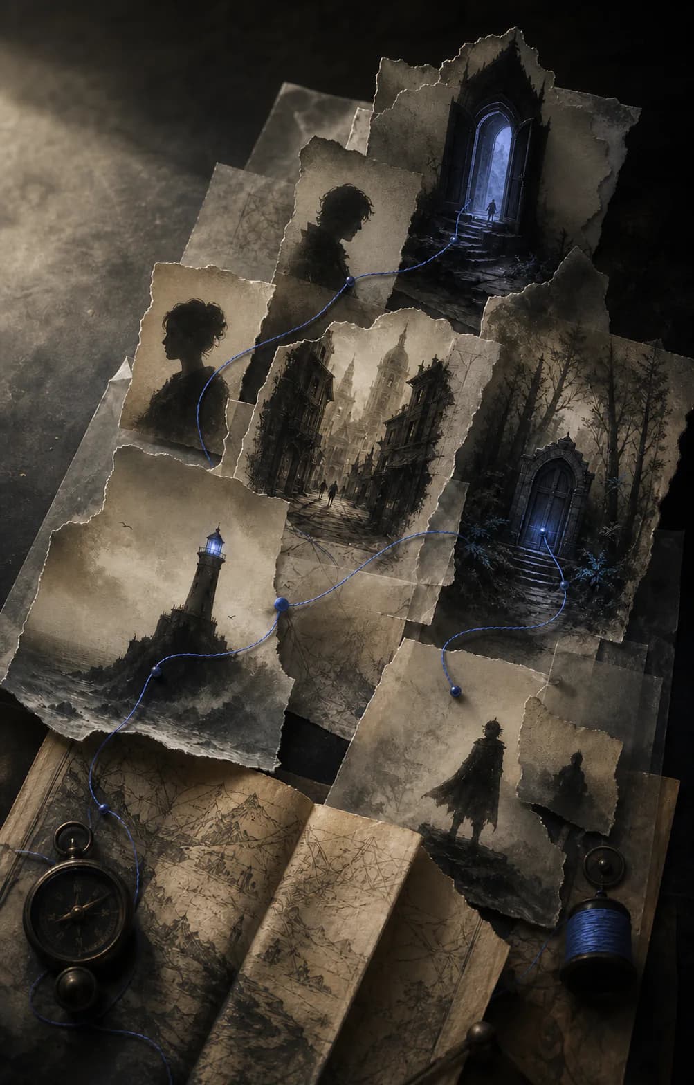 Layered story fragments showing characters, a lighthouse, hidden doors, and connected worlds